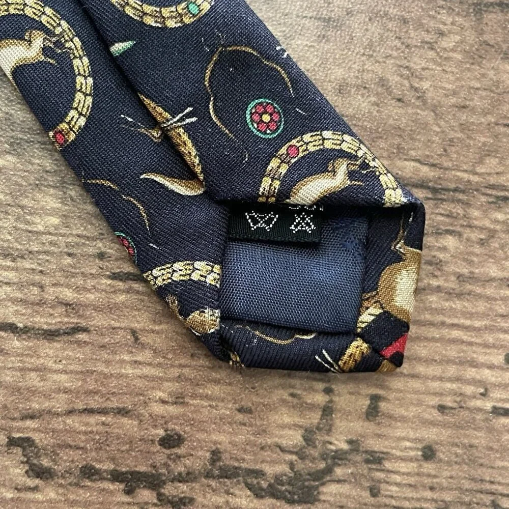 Vintage Salvatore Ferragamo Silk Tie Navy Blue Tan Red Heraldic Hunt Equestrian